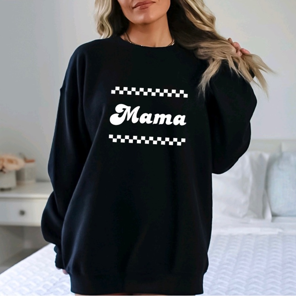 Black Crewneck Sweatshirt with White Checkered Mama Design